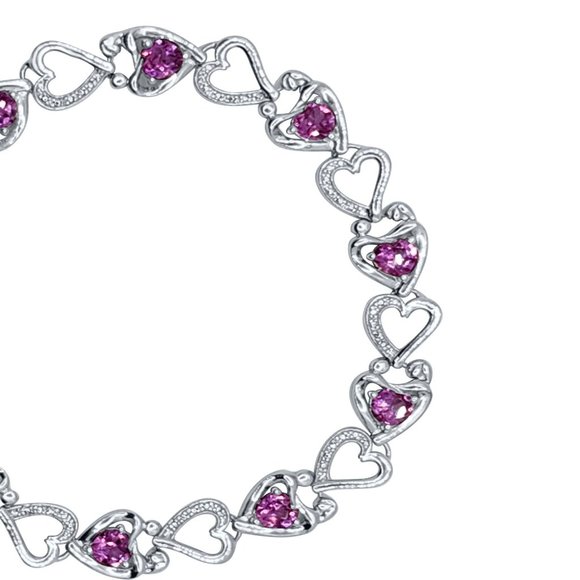 6.75 Ct Pink Topaz 925 Sterling Silver Mother-Child Heart-Shape Linked Bracelet - Picture 3 of 4